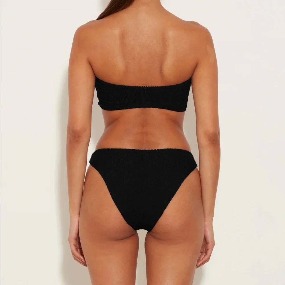 New Hunza G Gloria Bikini Set Black Strapless Bandeau Crinkle One Size Stretchy